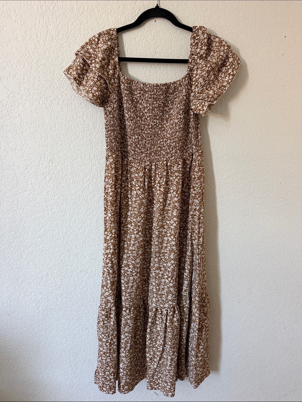 SHEIN Brown Floral Puff-Sleeve Maxi Dress